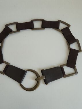 Suzi Roher Vintage Brown Elastic Link Belt Brass Circle Buckle Boho, Large
